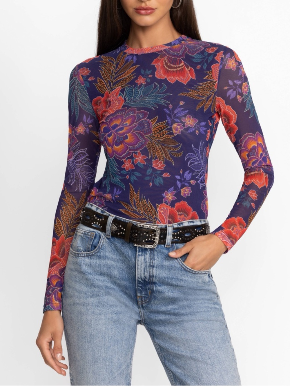 JOHNNY WAS JADE NATALIE LONG SLEEVE MESH TEE Floral SHEER Mesh Top in Purple SM